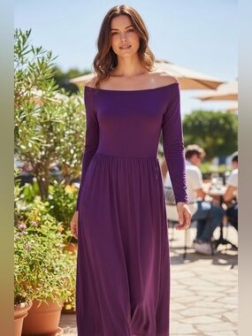 NWT 24seven Comfort Apparel Purple Maxi Dress L Empire Waist Long Sleeve Boho